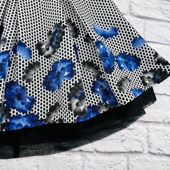 Express Pleated Mini Skirt Women's Size 2 Black White Blue Floral Tulle Layered - Picture 2 of 8